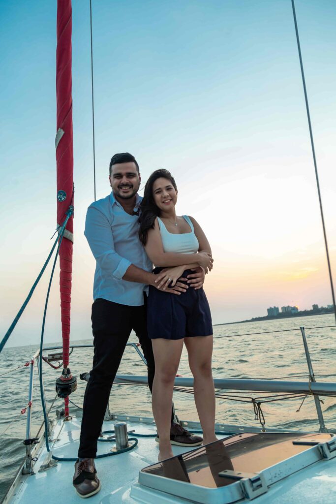 Couple for Pre wedding Shots on a Yatch during Sunset